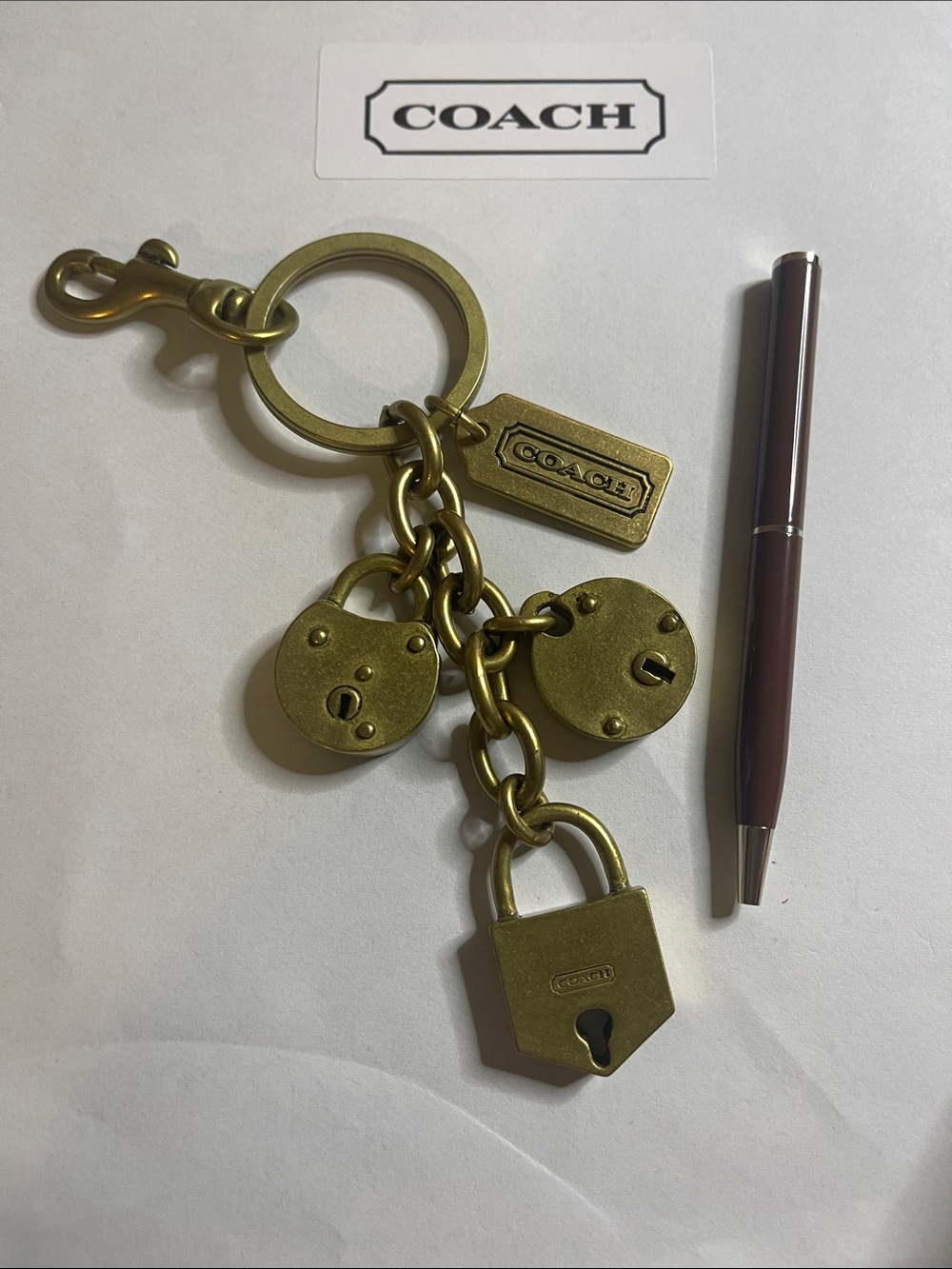COACH Brass-Tone Lock & Key Charm Keyring and Coach Pen